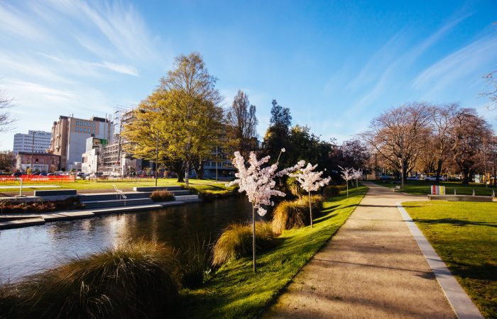 Landscape around the River Avon and Victoria Square in Christchurch on a warm spring day in New Zealand